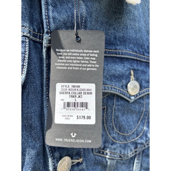 True Religion Sherpa Collar Denim Blizzard Wash  Western Trucker Jacket Large - Picture 4 of 8